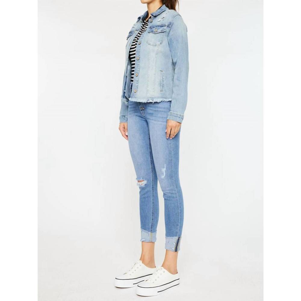 NEW KANCAN frayed hem trucker jacket in medium stone wash
